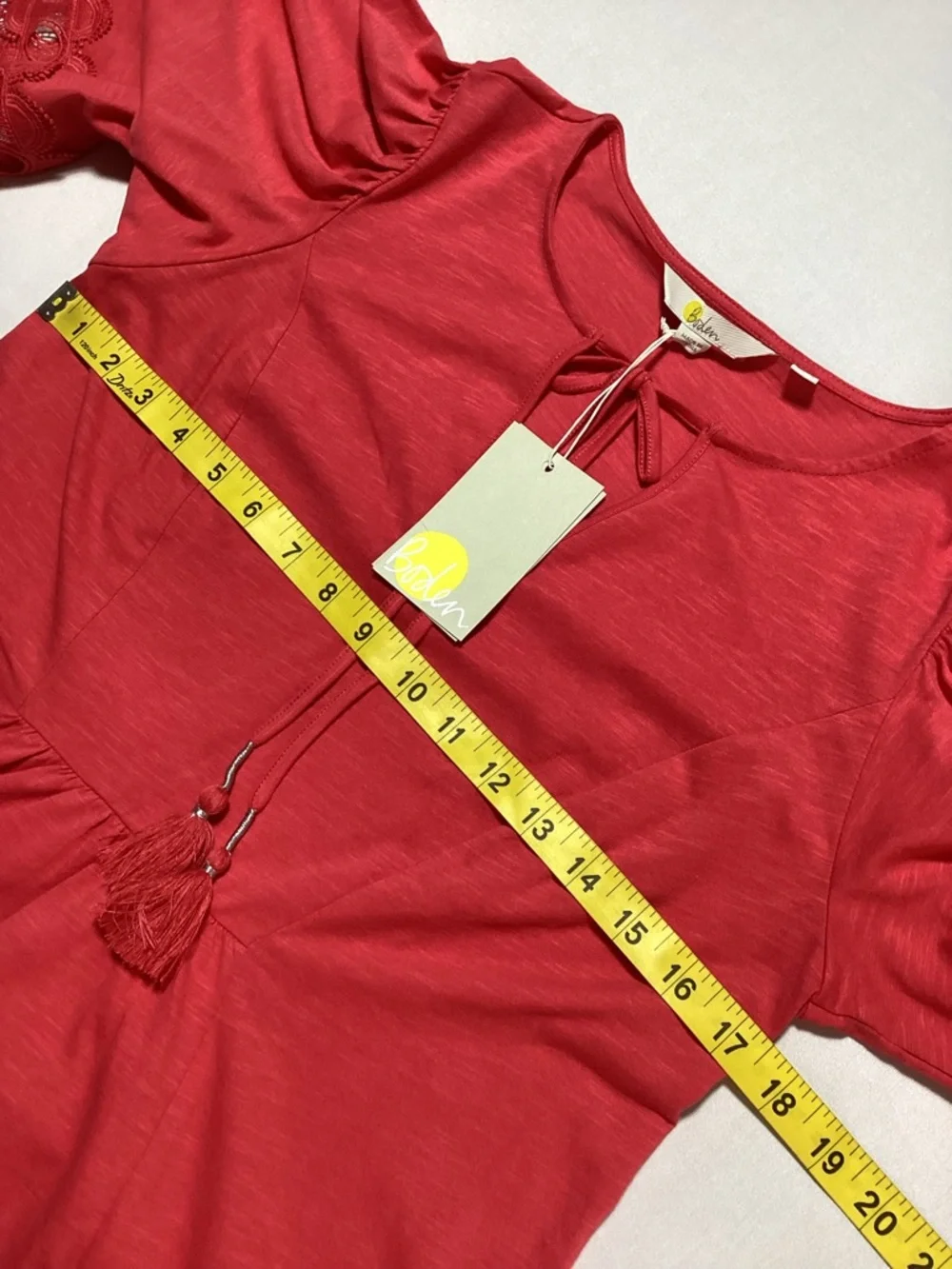 Boden Ayla Jersey Coral Tie-Neck Top with Scalloped Eyelet Trim - Picture 12 of 13